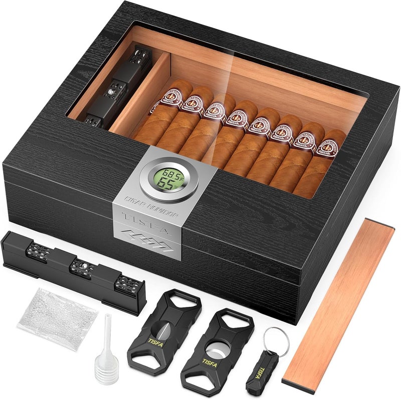 TISFA Cigar Humidor Box Cigar Accessories Set, Includes V Cutter, Straight Cutter, Hole Punch, Digital Hygrometer, Adjustable Humidifier, Divider, Cedar Wood Desktop Humidor Airtight Cigar Case - Image 1